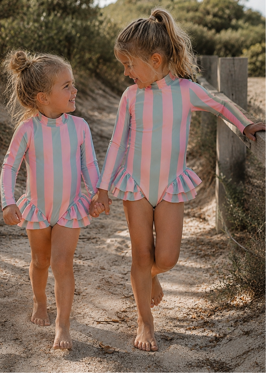 Two young girls walking hand-in-hand on a sandy path outdoors, wearing matching long-sleeve ruffled swimsuits with vertical pink and light blue stripes.
