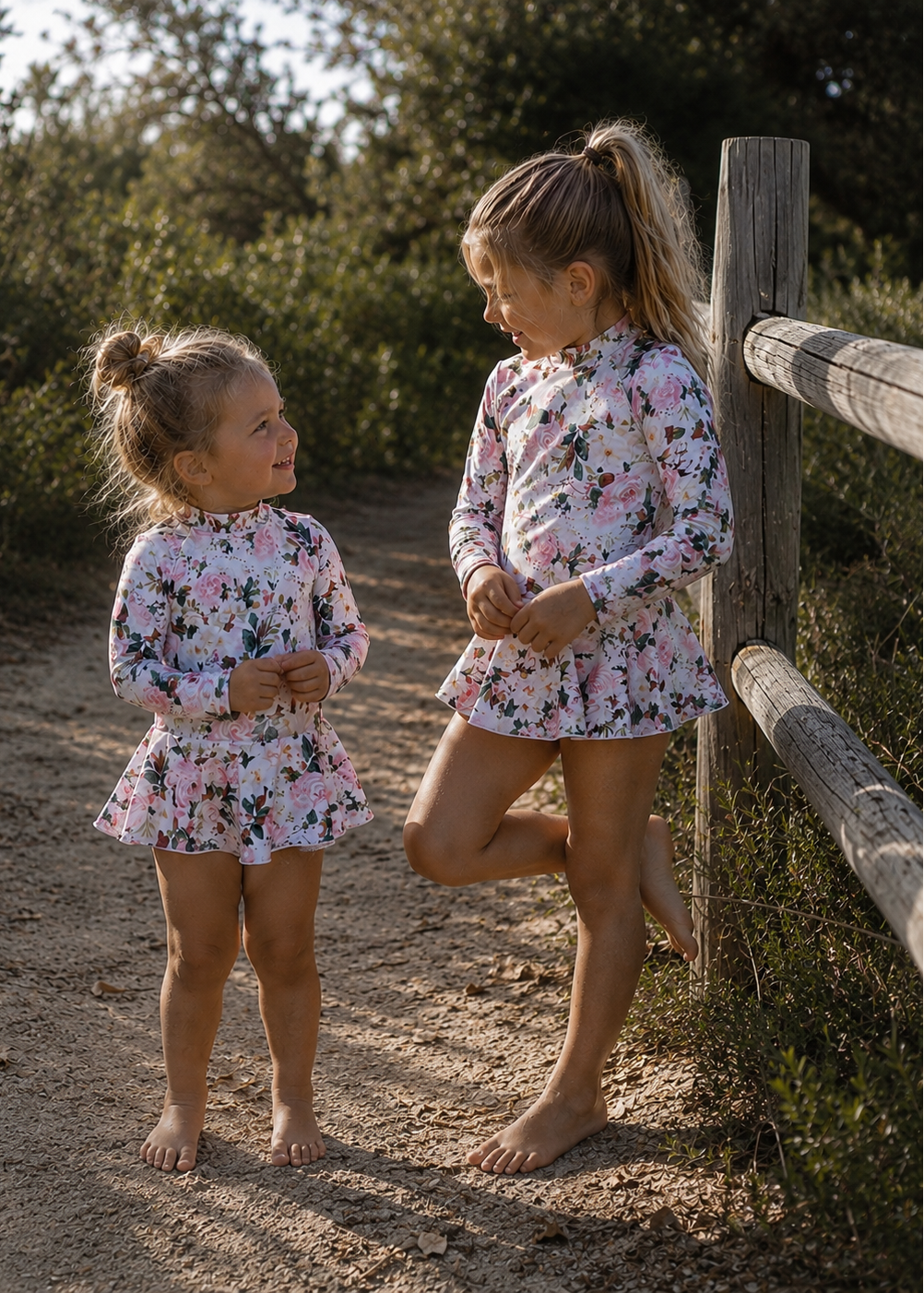 Two young girls wearing matching floral long-sleeve swim dresses standing on a dirt path outdoors next to a wooden fence.