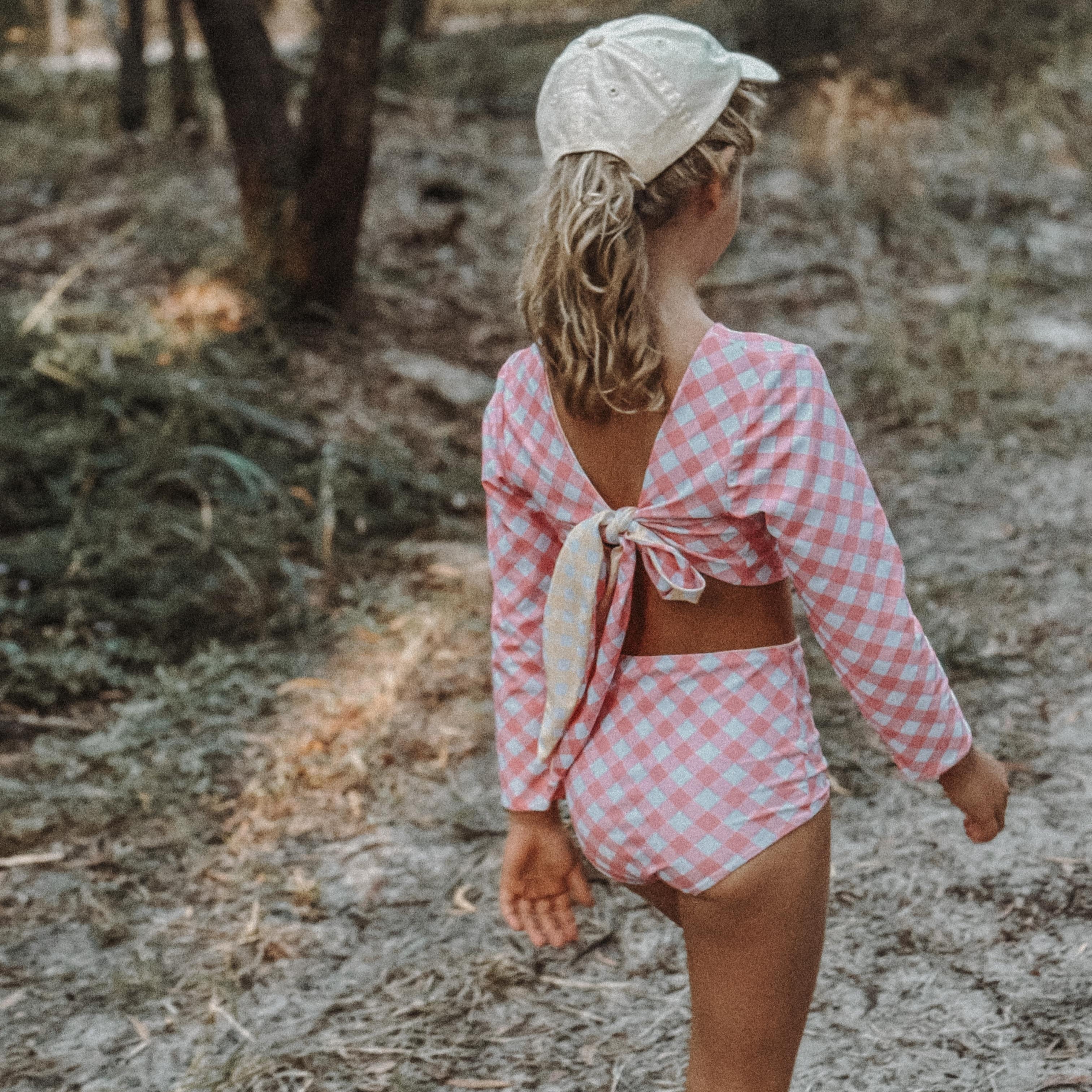 pink gingham girls reversible two piece swimsuit