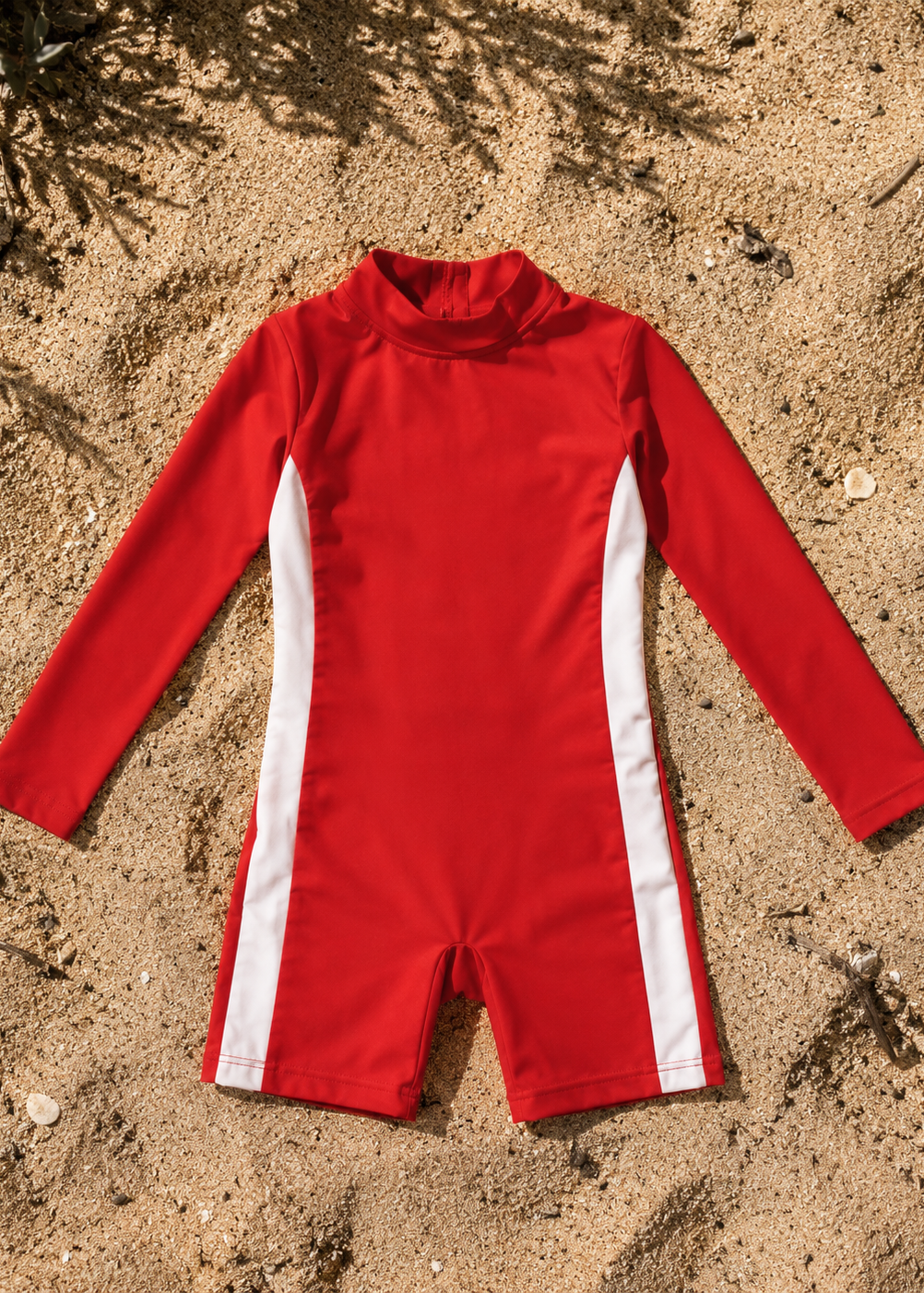 A red long-sleeve one-piece swimsuit or rash guard with white side panels, laid flat on sandy ground with tree shadows.