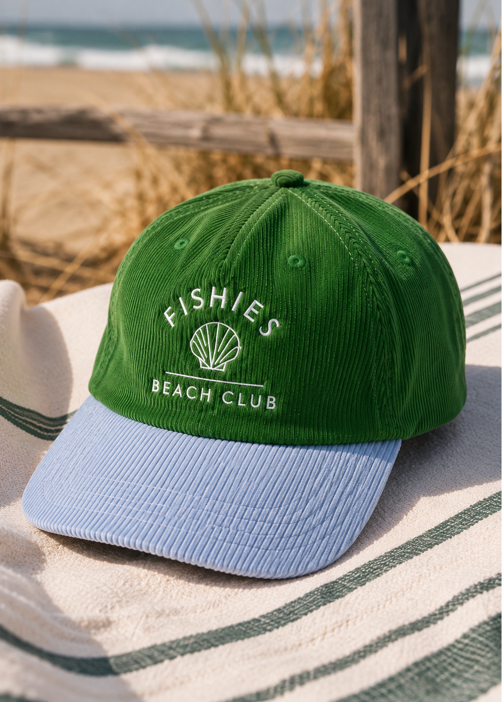 A green and light blue corduroy baseball cap with 'FISHIES BEACH CLUB' embroidered on the front, resting on a striped beach towel with a beach background.