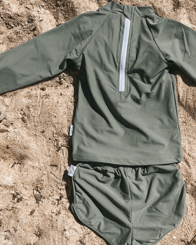 Childrens olive rash guard top and swim short