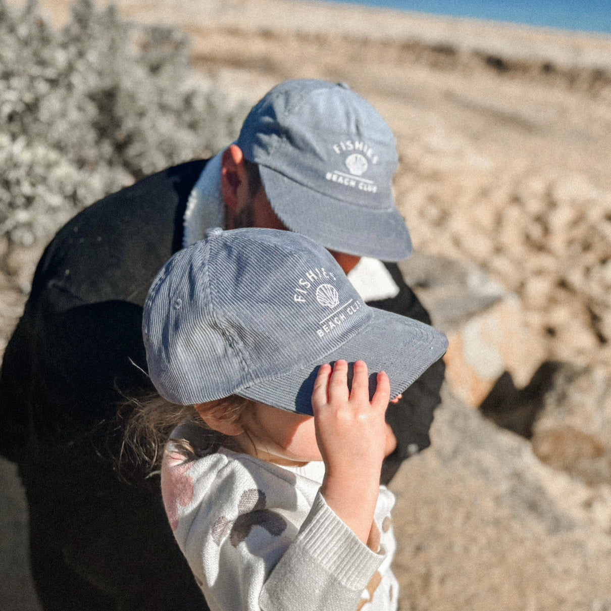 matching blue cord dad and kids hat