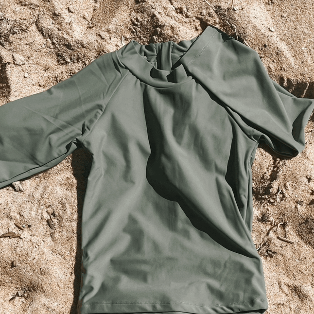 olive long sleeve sun safe swim rash guard top boys with large zip at back