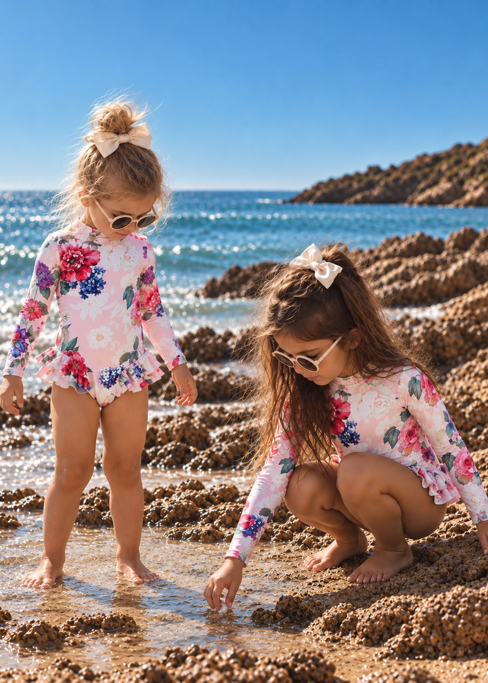 Two young girls wearing matching floral long-sleeve swim dresses are playing on a rocky beach with the ocean and blue sky in the background.
