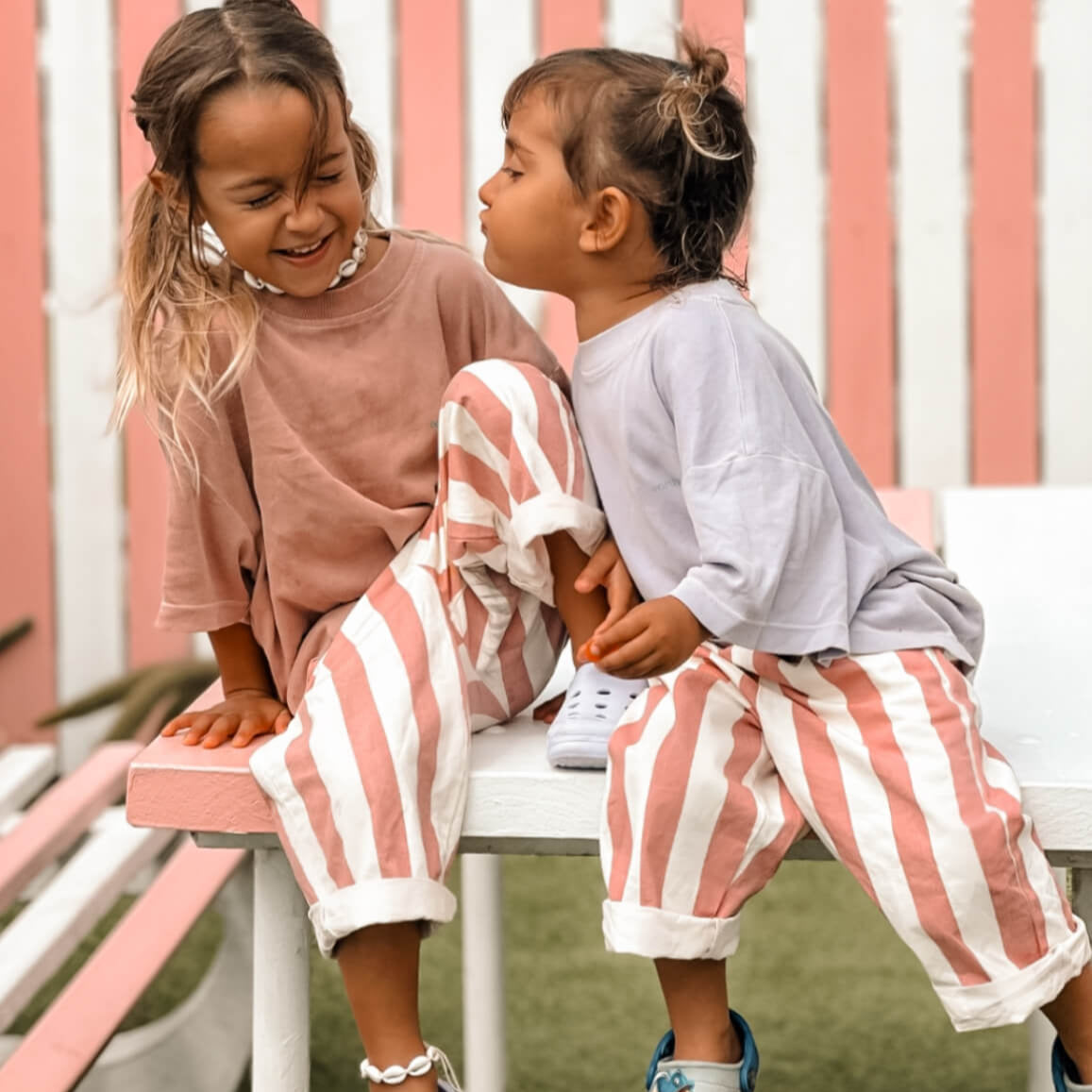 pink and white stripe baby & toddler girls beachwear pants and a shell anklet