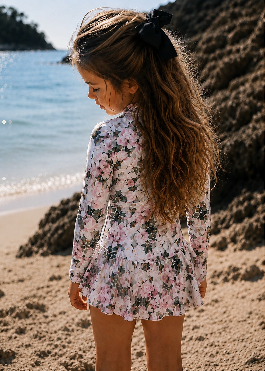 A young girl with long wavy brown hair tied back with a black bow stands on a sandy beach, viewed from behind. She is wearing a long-sleeve white swim dress or romper with a pink and green floral print.
