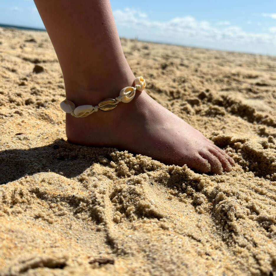 girls and women's white and gold shell anklet by Australian children's swimwear for infants label, Len Swim