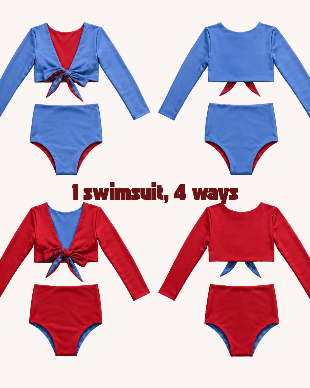 Red and blue swimsuit set displayed in four different configurations on a white background.
