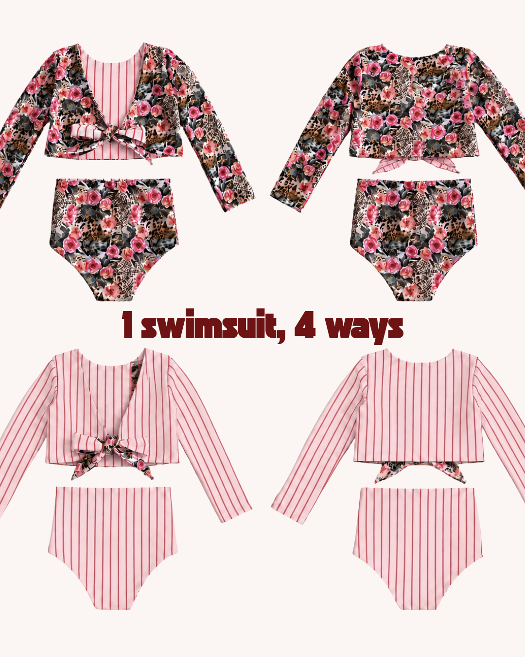 Floral and striped swimsuit set displayed in four different configurations on a white background.