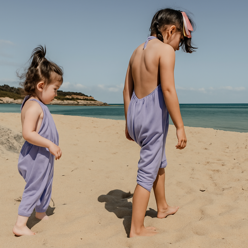 Two children in purple rompers standing on a sandy beach with clear blue sky.