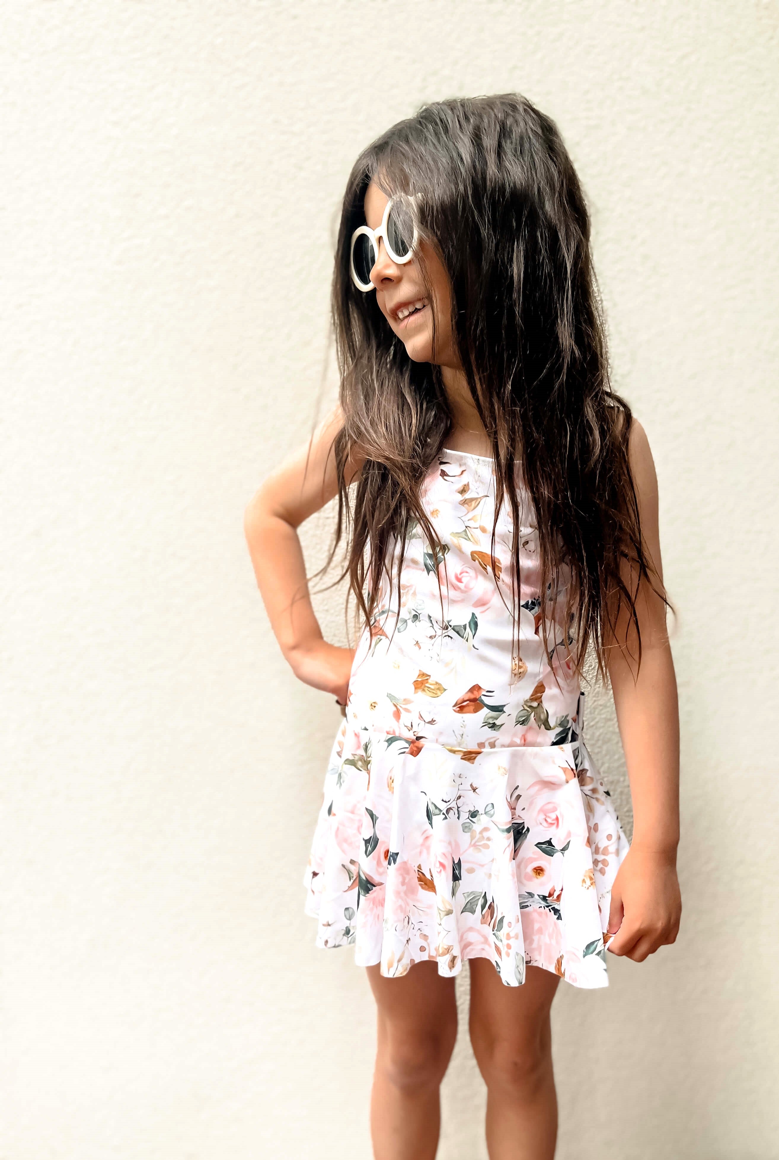 girl in floral ballerina swim dress made with premium fabric