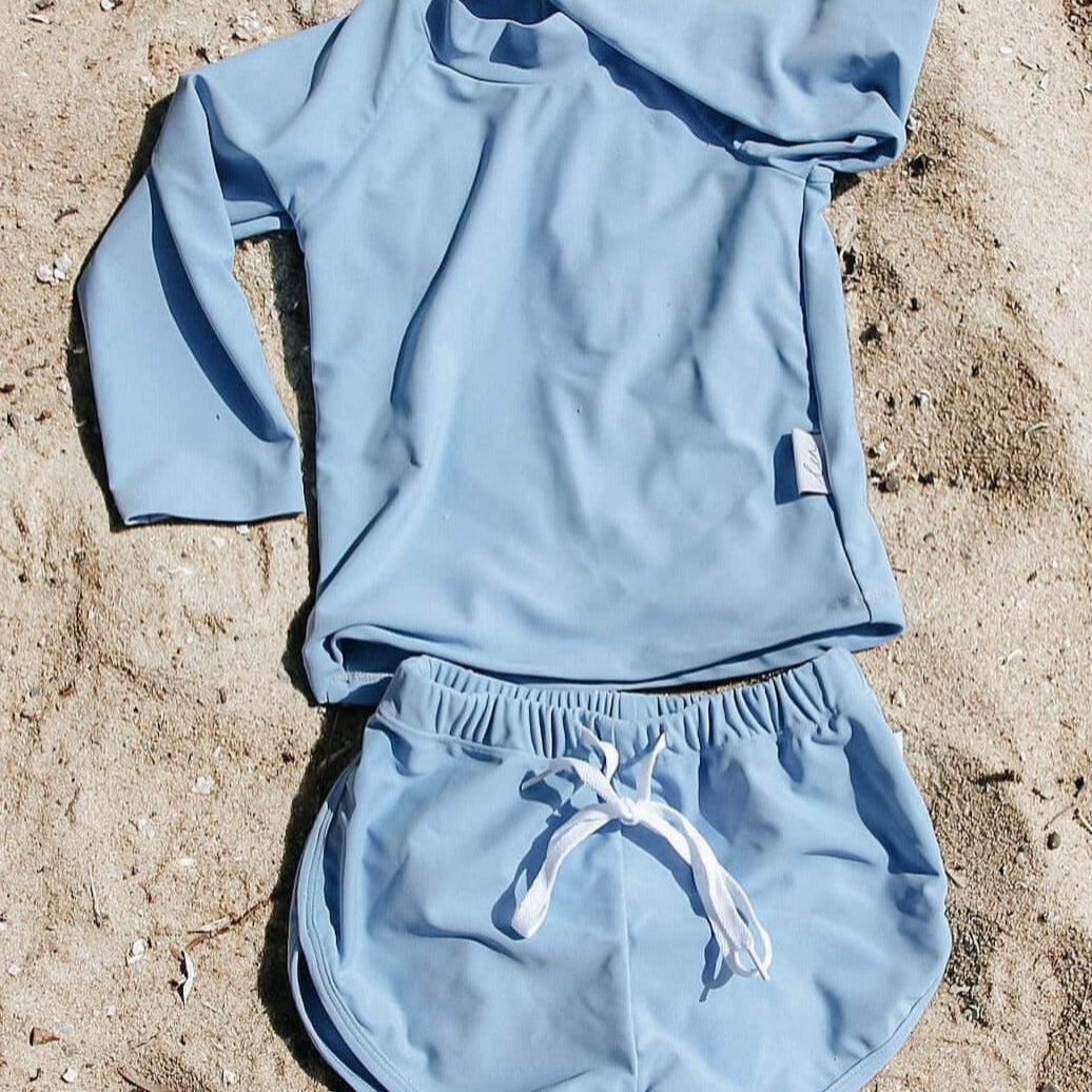 baby toddler and boys two price swim rash set in bright blue premium fabric