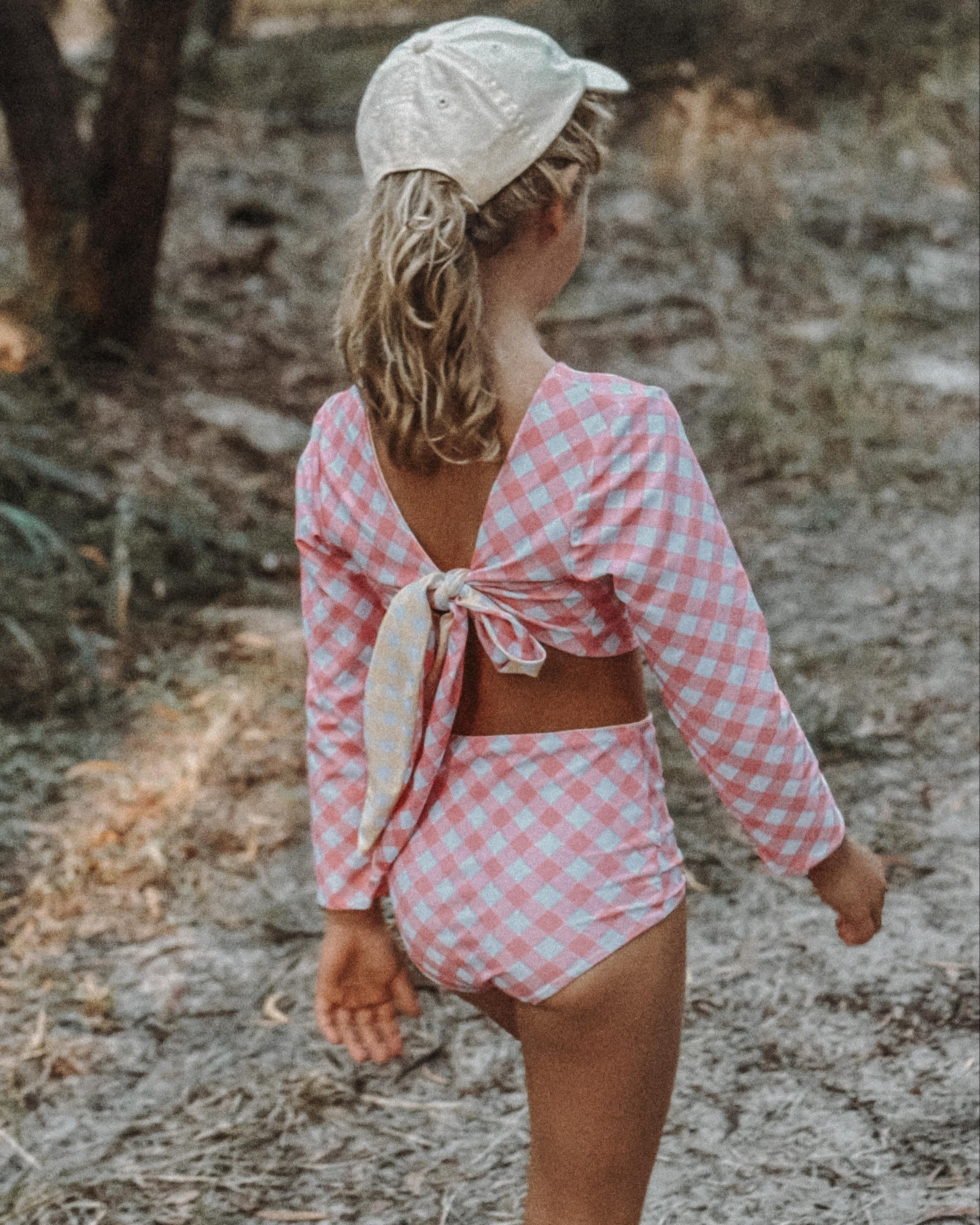 pink gingham girls reversible  two piece swimsuit 