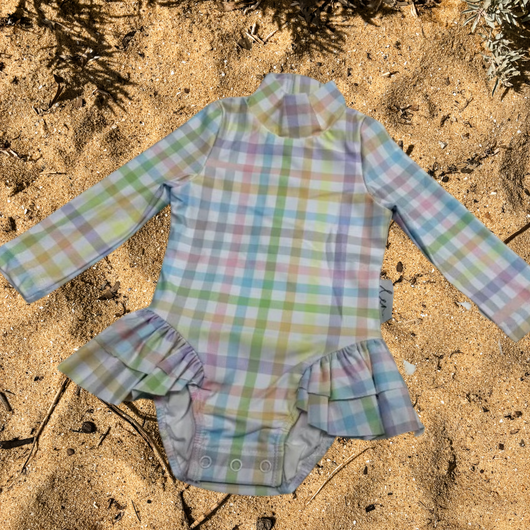rainbow gingham striped long sleeved girls swimsuit