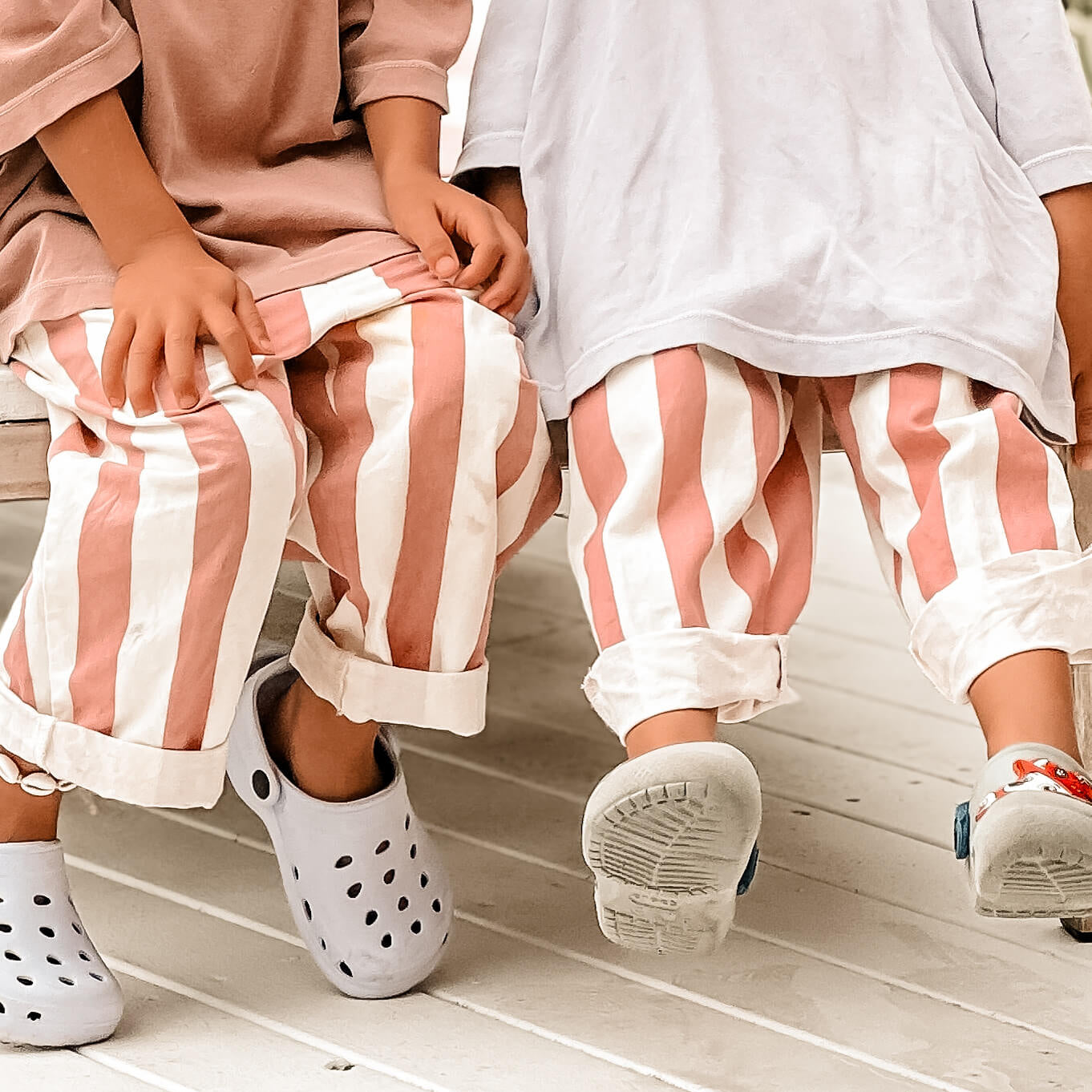  elastic waist pink and white stripe toddler girls beachwear pants and a shell anklet