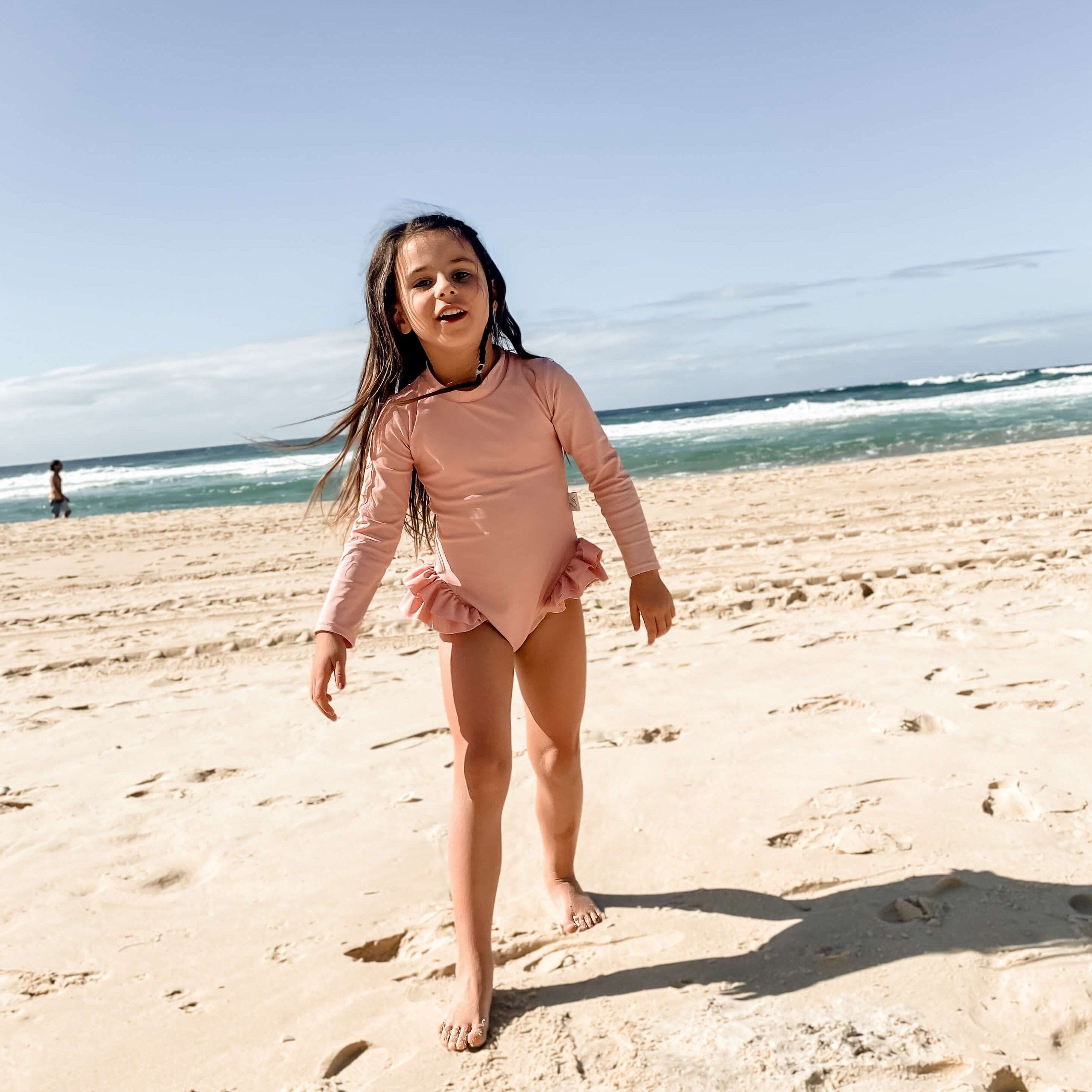 Girls Long Sleeve Swimsuit With Nappy/Change Snaps - Rose Pink